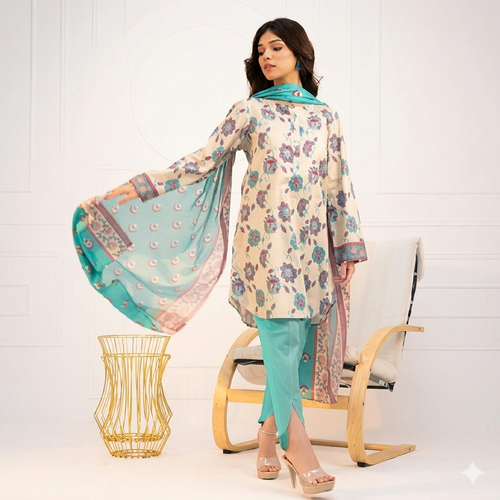 Printed Lawn 3PC Suit- Offwhite