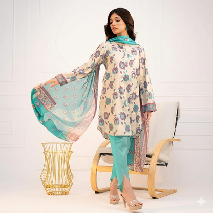 Printed Lawn 3PC Suit- Offwhite