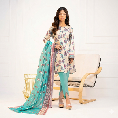 Printed Lawn 3PC Suit- Offwhite