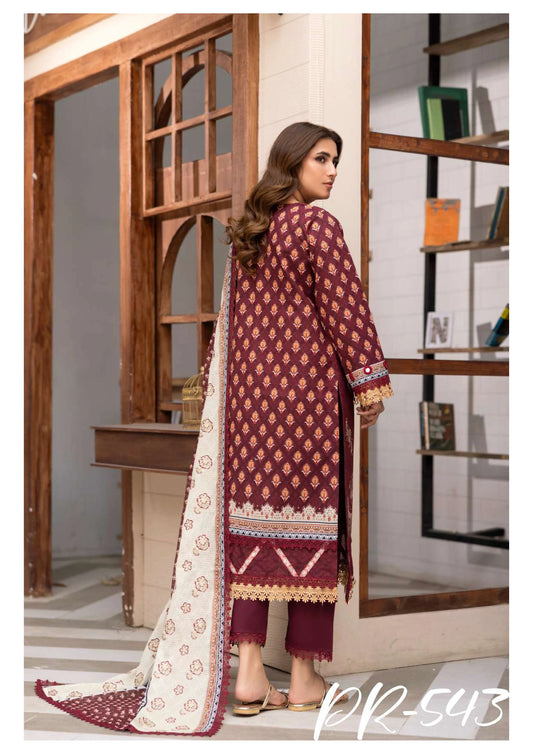 Digital Printed Embroidered Lawn 3PC -ZR543